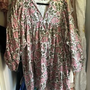 Pink Floral Tunic with Ruffled Sleeves and Bib Collar Mille